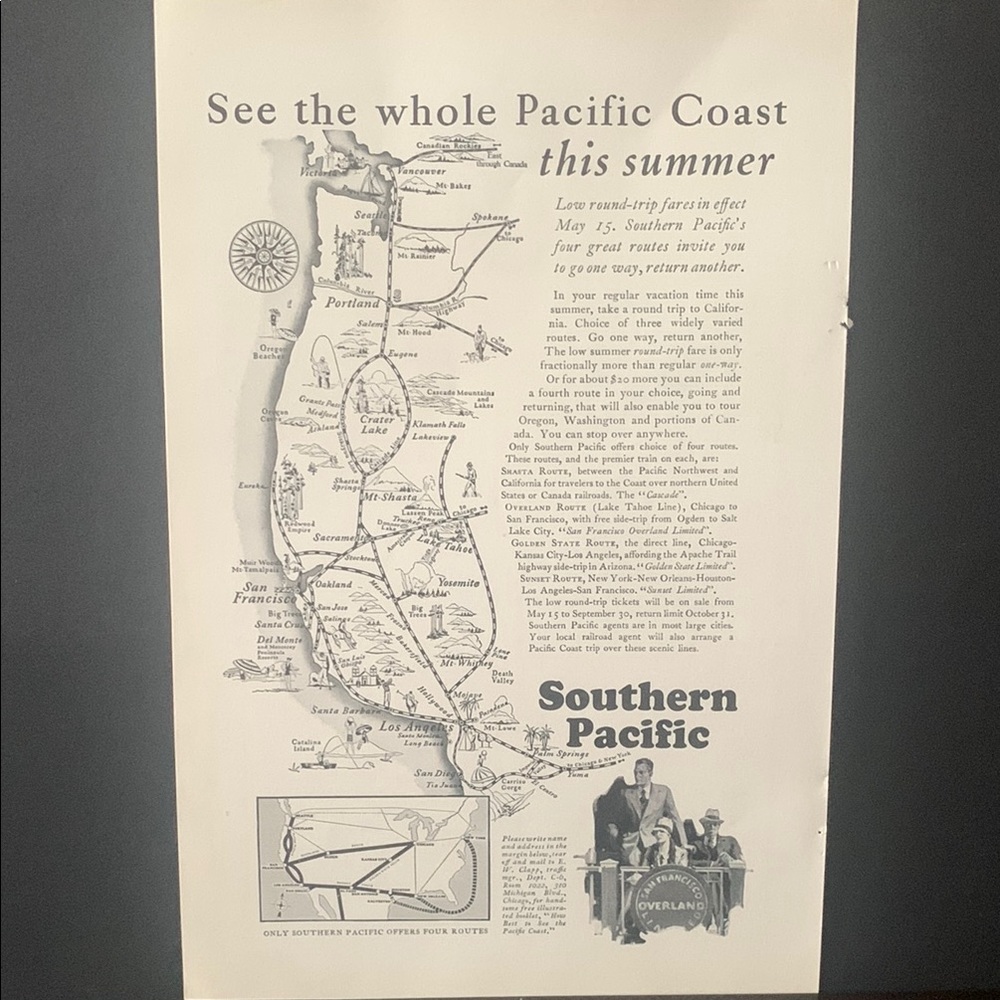 Vintage 1928 Southern Pacific See The Whole Pacific Coast Ad Advertisement